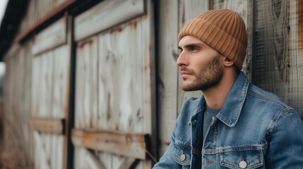 Obraz premium Man in a denim jacket and beanie, leaning against an old barn, Autumn fashion, rustic casual