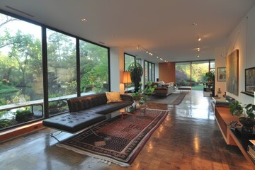 Fototapeta premium Modern Living Room with Large Windows Overlooking Nature