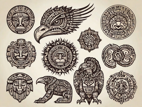 mayan aztec totems and animals with ethnic patterns
