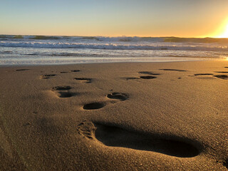 footprints on the beach in the sand during sunset