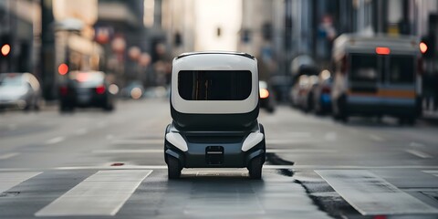 Efficiently navigating city traffic Delivery robot delivers hot meal to customer. Concept City Traffic, Delivery Robot, Hot Meal, Efficient Navigation, Customer Delivery