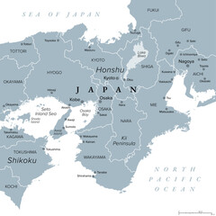 Obraz premium Kansai region, or the Kinki region in Japan, gray political map. Southern-central region of the main island Honshu, consisting of the prefectures Hyogo, Mie, Nara, Osaka, Kyoto, Shiga, and Wakayama.