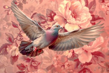 Obraz premium Dove in Flight with Pink Floral Background