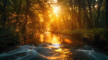 Fototapeta premium A tranquil river flowing through a dense forest at sunset, with golden light filtering through the trees.