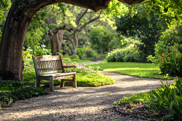 Rustic Park Bench Under Oak Tree with Blooming Flowers and Serene Pathway View