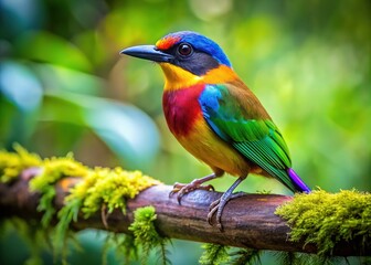 Vibrant plumage of a solitary bird perched on a weathered tree branch stands out against a soft, blurred forest background with lush green foliage.