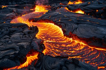 Molten Lava Flow in Volcanic Landscape