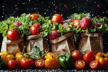 Fresh vegetables falling into the paper bag. vegetables and fruits on white. Shopping food supermarket concept.