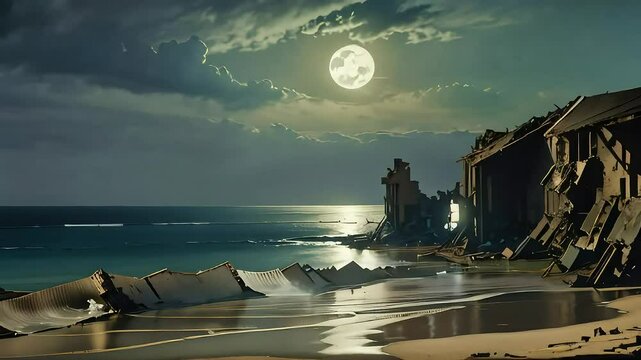 Night view of the ocean and full moon, destroyed buildings on the beach.