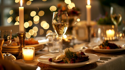 Obraz premium Beautifully set dinner table with gourmet dishes, soft candlelight creating a romantic atmosphere, left third copy space