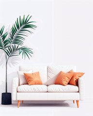 Fototapeta premium Modern minimalist living room interior with white sofa and orange cushions, complemented by stylish potted plant against a white wall.