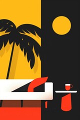 Modern abstract illustration featuring a palm tree, sun, and coffee cup. Bold geometric shapes in contrasting colors create vibrant visual impact.
