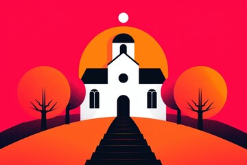 Modern illustration of a church on a hill with vibrant colors, featuring abstract trees and a bold sunset. Artistic and contemporary design.