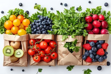 Fresh vegetables falling into the paper bag. vegetables and fruits on white. Shopping food supermarket concept.