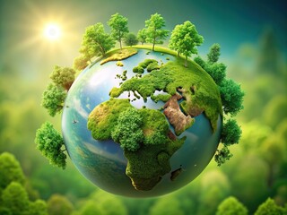 Vibrant 3D earth globe showcasing lush green forest and grasslands on a serene light green background, promoting environmental harmony and sustainability on World Environment Day.