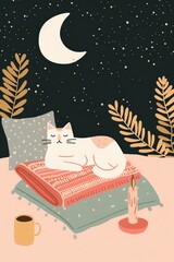 Naklejka premium Illustration of a relaxed cat lying on a mat under the night sky with stars, a crescent moon, candle, cup, and plants.