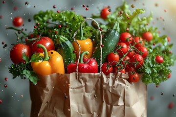 Fresh vegetables falling into the paper bag. vegetables and fruits on white. Shopping food supermarket concept.