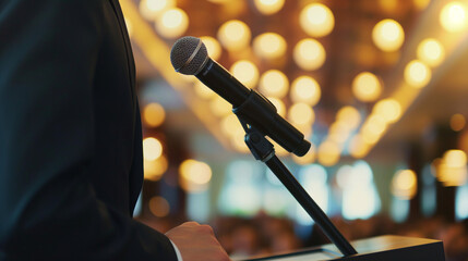 Close-Up of Speaker at Podium in Modern Conference Setting