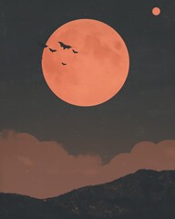 Halloween night with an orange full moon, flying bats, and silhouetted hills. The eerie scene captures the spirit of Halloween perfectly.