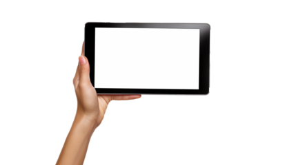 human hand holding tablet with blank display screen, isolated on white or transparent PNG full ultra Hd, high resolution