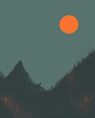 Digital illustration of a serene mountain landscape with a lone wolf silhouette under an orange moon. Calm, peaceful night scenery.