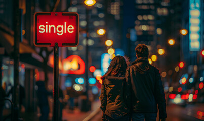 A man and woman walking on the street at night .Created using generative AI