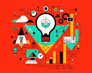 Creative infographic with colorful geometric shapes, graphs, and a lightbulb symbolizing innovation and analysis on a red background.