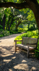 Rustic Park Bench Under Oak Tree with Blooming Flowers and Serene Pathway View