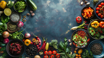 Fototapeta premium Array of fresh ingredients laid out in the galley, vibrant and colorful arrangement, left third copy space