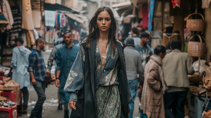 Obraz premium Elegant Woman Bustling Street Market Traditional Attire