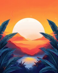 Vibrant tropical sunset with lush foliage, mountains, and a tranquil lake, painted in warm, vivid colors.