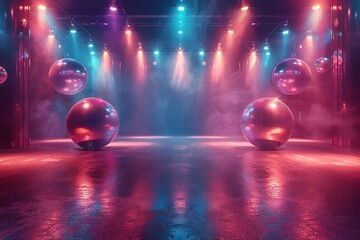 Empty dance floor on club stage under colorful spotlights and disco balls, emitting retro vibe, inviting electrifying dance show or concert, blending classic theatre ambiance with modern entertainment