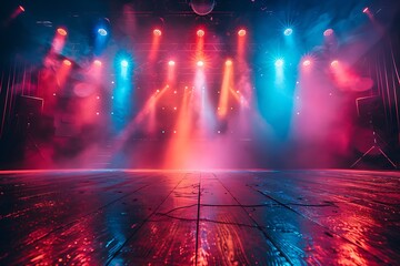 Empty dance floor on club stage under colorful spotlights and disco balls, emitting retro vibe, inviting electrifying dance show or concert, blending classic theatre ambiance with modern entertainment