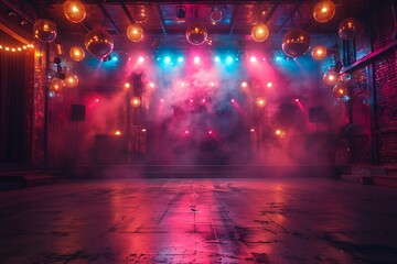 Empty dance floor on club stage under colorful spotlights and disco balls, emitting retro vibe, inviting electrifying dance show or concert, blending classic theatre ambiance with modern entertainment