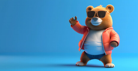 Cute teddy bear, casually dressed, with a big smile in a funny cartoon style attitude, relaxed, cool, and funky, on a dark blue background with copy space design