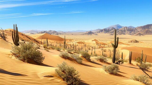 A vast desert landscape with rolling sand dunes and scattered cacti under a clear blue sky.