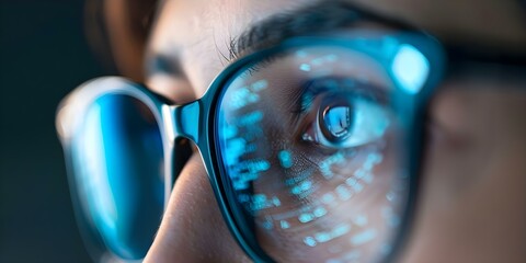 Reflection of eyes wearing glasses on computer monitor symbolizing cybersecurity concept. Concept Cybersecurity, Eye Reflection, Glasses, Computer Monitor, Data Protection