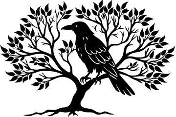 crow in tree  silhouette vector illustration