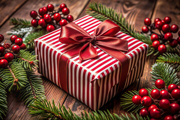 A wrapped gift box is situated on a wooden surface, featuring red and white striped wrapping paper and secured with a large red bow