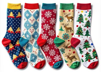 Colorful assortment of festive holiday socks featuring snowflakes, reindeer, and Christmas trees on a white background, perfect for seasonal decorations or gift wrapping.