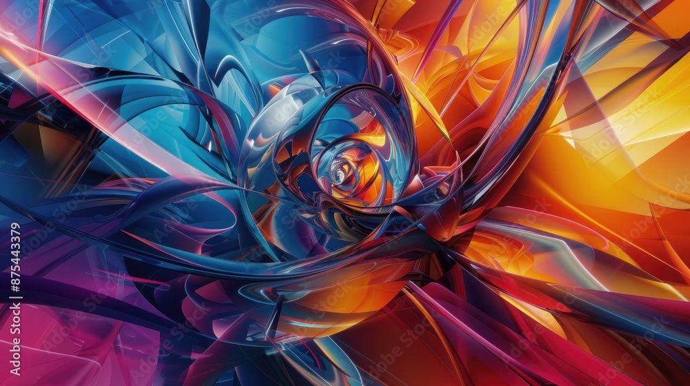 Poster a vibrant mix of swirling colors and intricate geometric shapes, forming a dynamic and visually capt