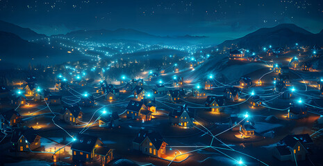 Obraz premium Digital community, smart homes, and digital community. DX, IoT, digital network in society concept. suburban houses at night designed