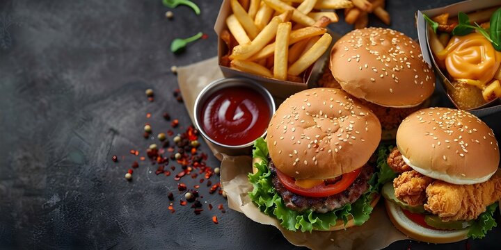 Fast food takeout options burgers, fried chicken, and fries. Concept Burgers, Fried Chicken, Fries, Takeout Options, Fast Food