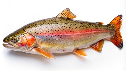 Naklejka premium Freshly caught trout with vibrant orange and pink colors, lying on a crisp white background, highlighting its sleek scales and delicate fins.