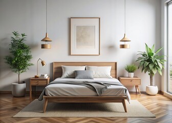 A minimalist bedroom interior features a poster on a white wall above a simple wooden bed with a few decorative items on a bedside table nearby.
