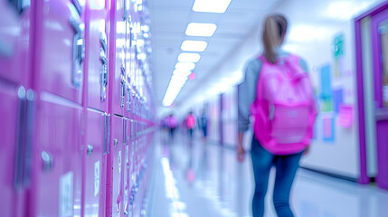 Obraz premium Teenage Girl with Pink Backpack Walking Down School Hallway Past Lockers Back to School Concept