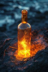 A bottle of glowing light is resting on a mysterious, dark surface.