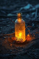 A mysterious ground held a bottle of glowing light, shimmering in the darkness.
