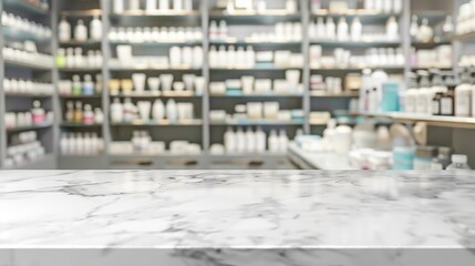Empty white marble counter top with blur pharmacy drugstore shelves background
