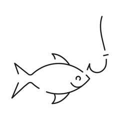 Obraz premium Minimal fishing icon of outdoor recreation including line, lure, lake, boat, dock, hook, pole, reel, worm, tackle box and clothing such as waders and a vest